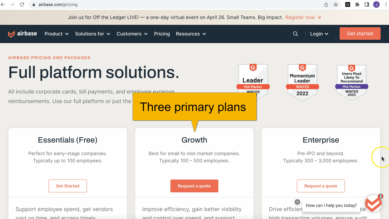 Airbase pricing page shows three tiers, then below it is a single standalone option