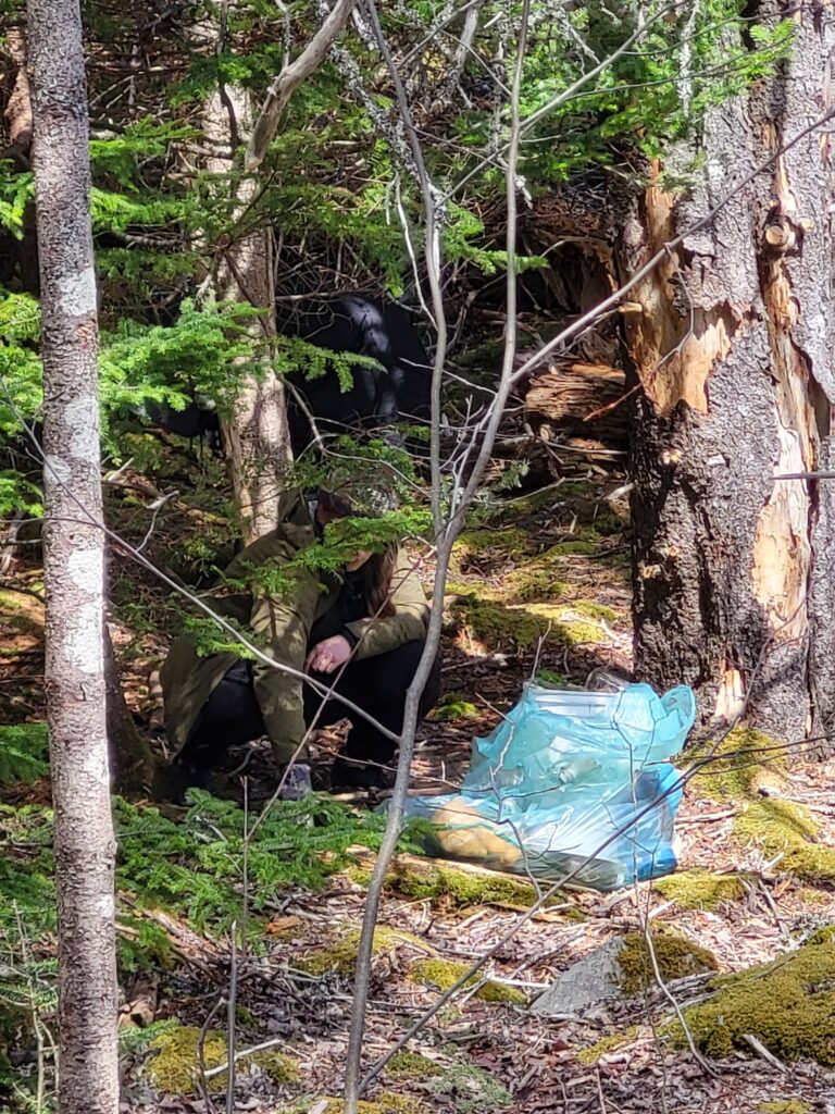 A bag of trash sits next to a tree whole a person crouches to pick up more trash.