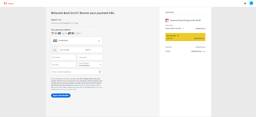 Adobe offers a really intuitive website checkout page with savings highlighted and clear CTAs.