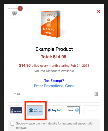 Part of a checkout process highlighting the option to pay with ACH
