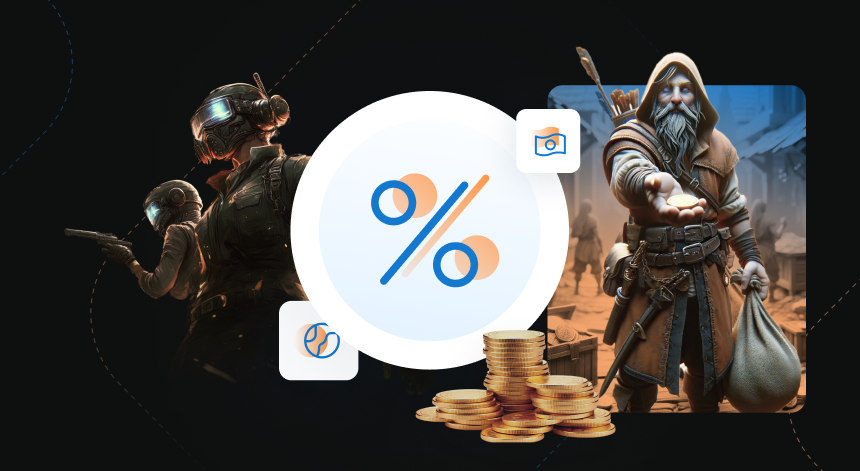 Light image of a large percentage icon in the center with video game type characters on either side and a dark background.