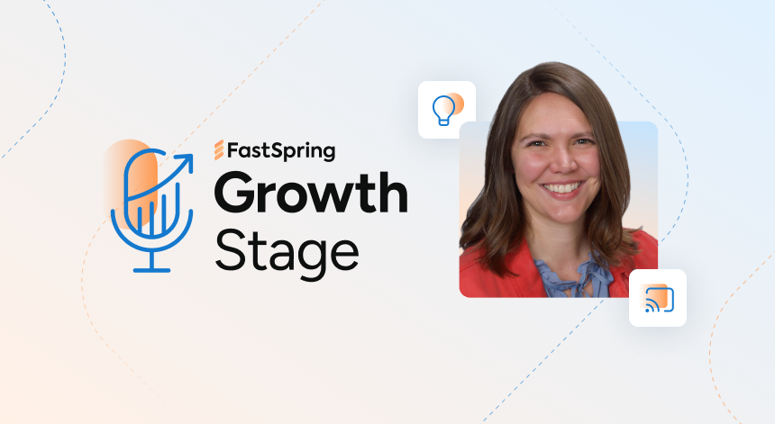 The Growth Stage podcast logo of a microphone that looks like a growth chart on the left, and a headshot of smiling woman with straight brown hair wearing a bright read shirt on the left, with a background transitioning from light orange to light blue.