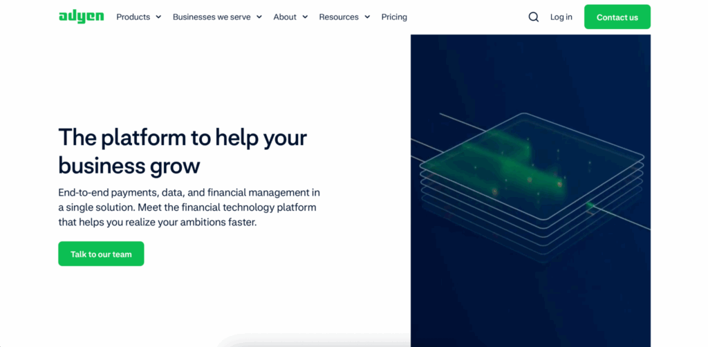 A screenshot of Adyen's homepage, an option for those looking for international payment gateways or Stripe alternatives.