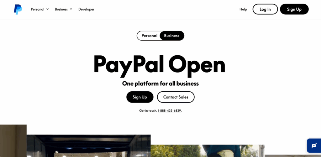 A screenshot of PayPal Open's landing page, an option for businesses looking for international payment gateways or Stripe alternatives.