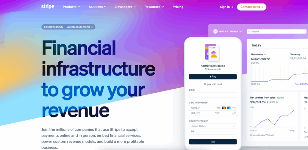 A screenshot of Stripe's homepage.