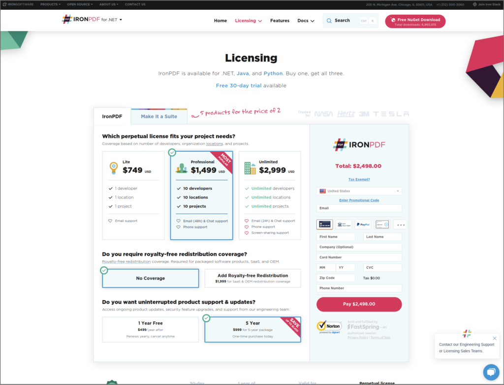 A screenshot of Iron Software's FastSpring embedded checkout.
