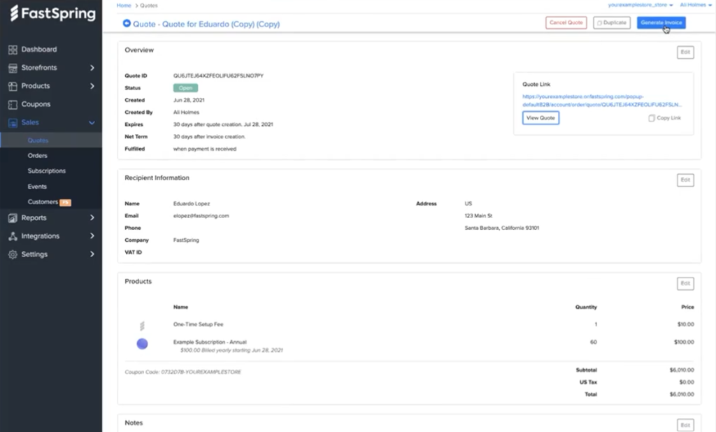 FastSpring Sales Quote: Overview example