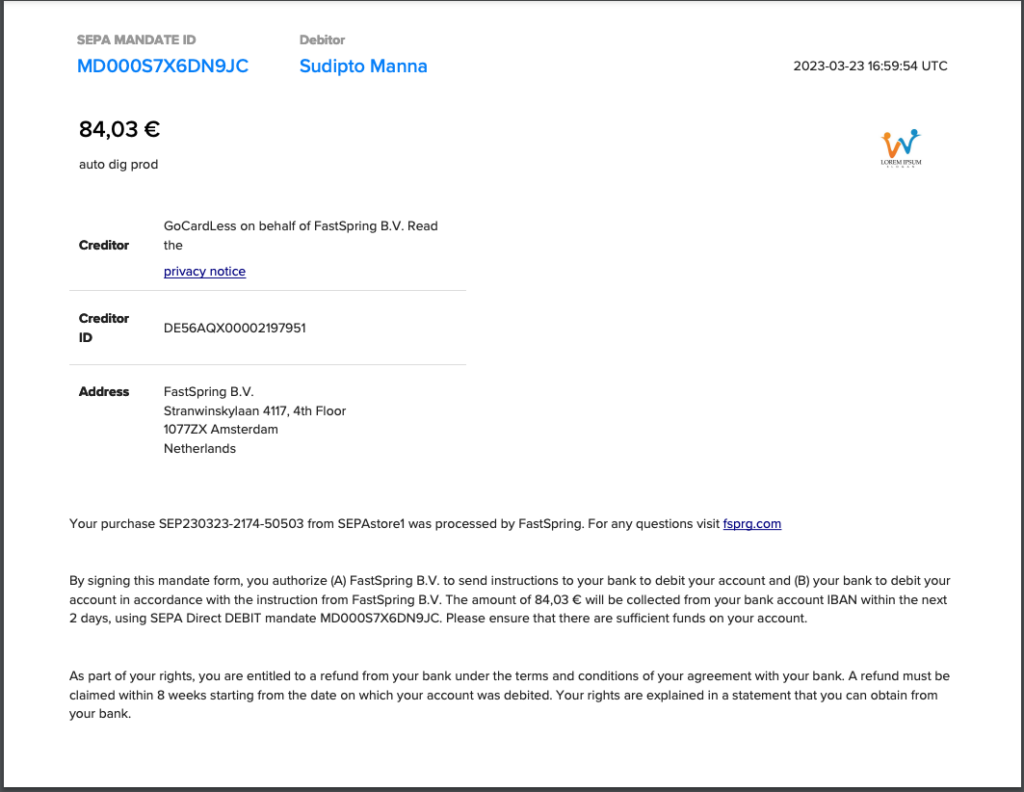 Example of FastSpring SEPA mandate