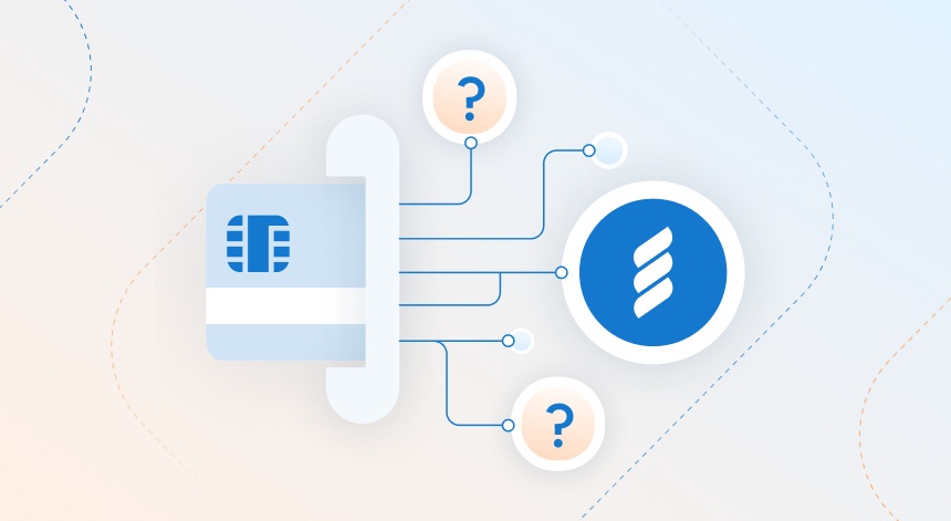 A payments card in a card reader slot with lines representing electronics leads going to two question marks and a FastSpring logo for people considering Stripe vs. Paddle vs. FastSpring