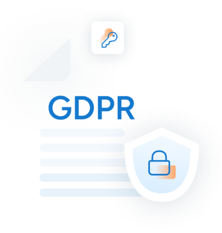 An artistic rendering of a paper with GDPR written on it and smaller decorative icons of a key and a padlock above and below it.