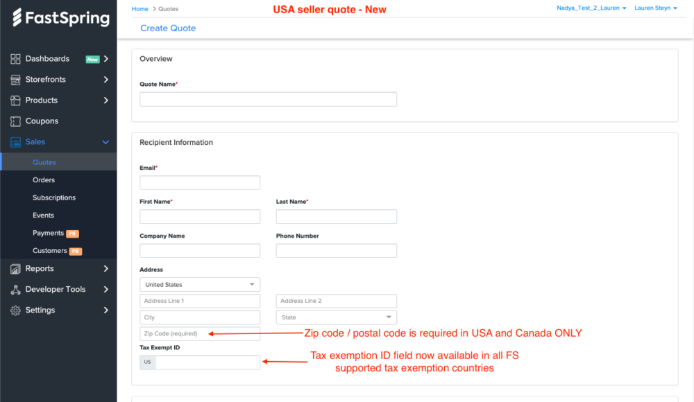 Image of the FastSpring app with a quote creation page. Highlights on the fields for adding a zip/postal code that says 