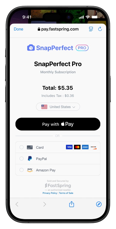 An image of a mobile device using the FastSpring checkout on iOS showing apple pay preselected and other payment options below that.
