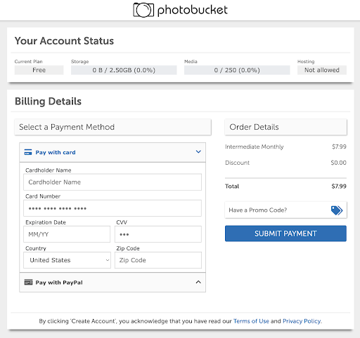 Photobucket has an easy-to-understand website checkout page.