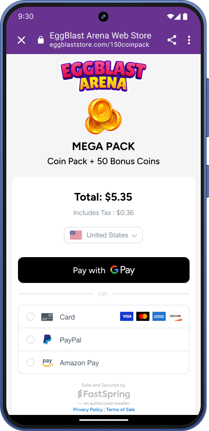 An image of a FastSpring stacked checkout for Eggblast featuring Google Pay, Cards, and Paypal as payment methods on a galaxy S25 screen.