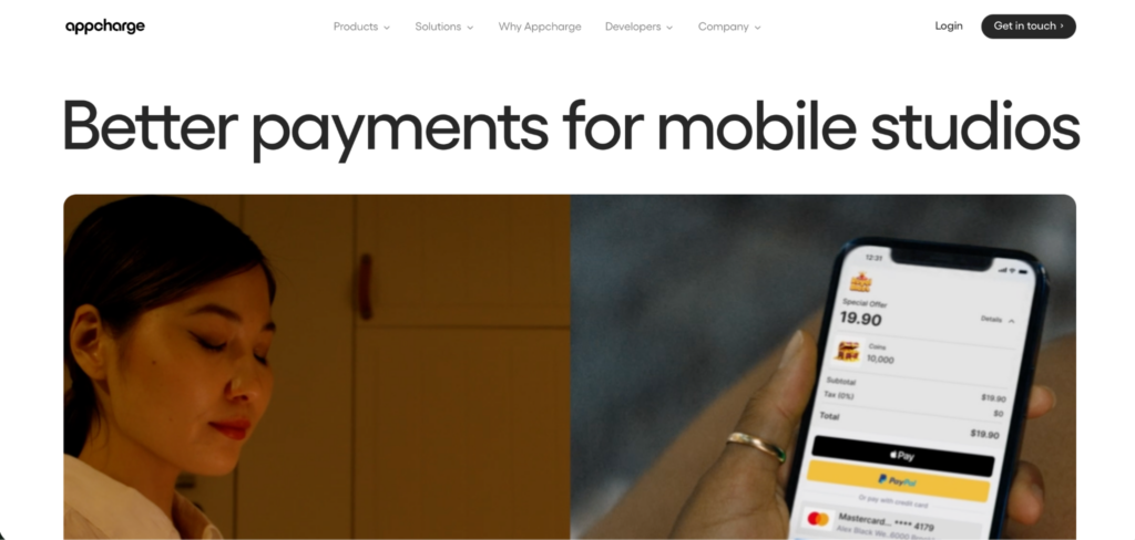 A screenshot of Appcharge's homepage, white background with black text and two photos of a woman's face in profile and a closeup of a mobile phone screen.